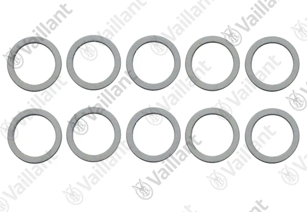 Vaillant Dichtungsringe in runder Form, zehn Stück angeordnet, aus grauem Material. Geeignet für verschiedene Anwendungen im Heizungsbereich.